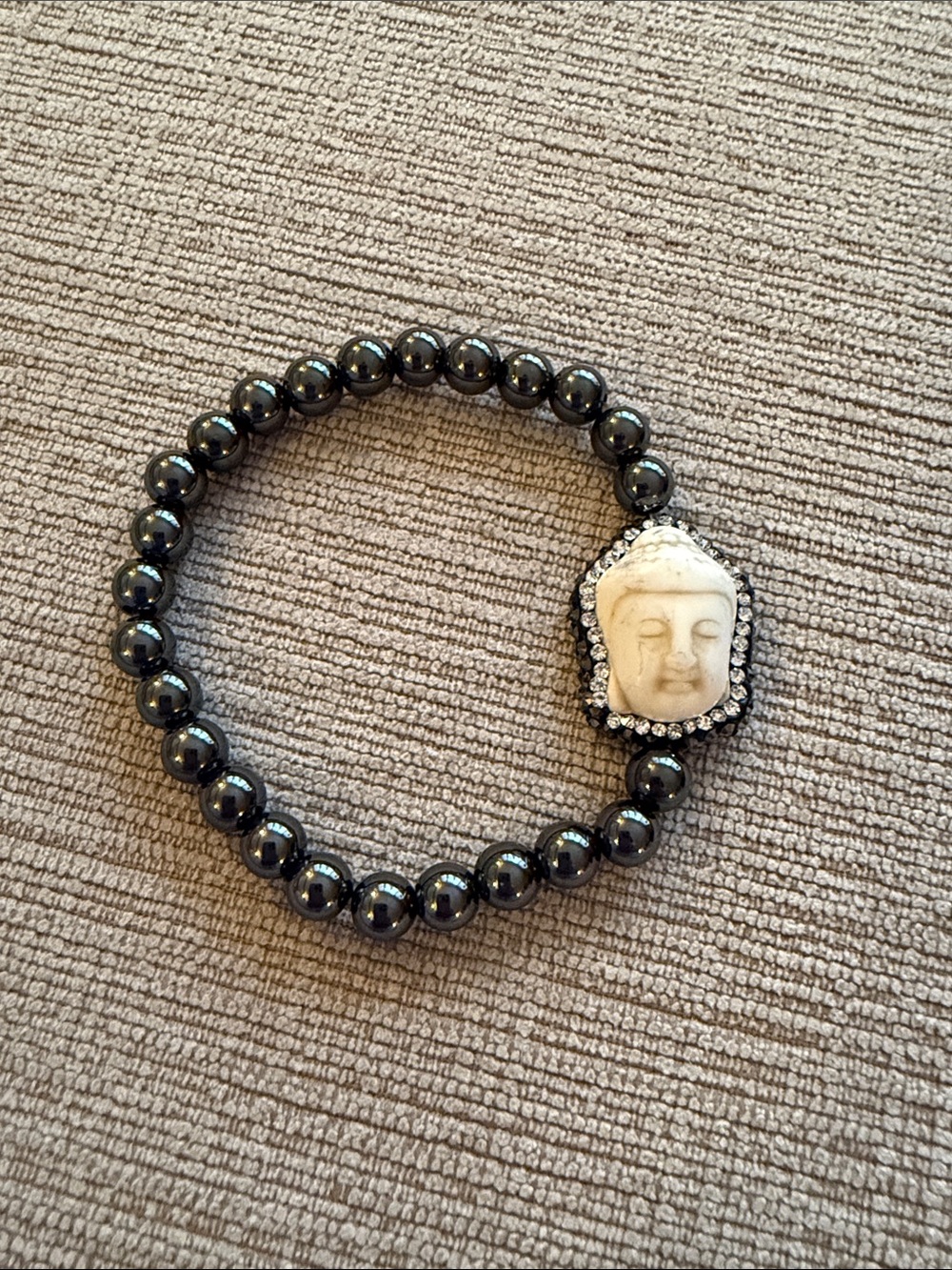 Beaded Bracelet with Buddha Charm and Rhinestone Accent - Black Hematite